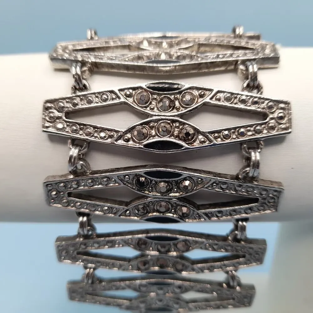 Vintage Art Deco Faux Marcasite Rhinestone Wide Bracelet, 7 1/4 Inches, 1980s